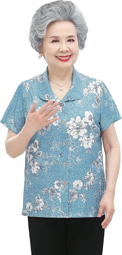 Amazon | [柑九珍] 高齢者 女性 花柄 半袖 前開き T シャツ 弾性生地